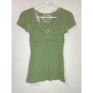 Vintage Y2K Energie Babydoll Top Size Medium Green Lace Trim Empire Waist V Neck